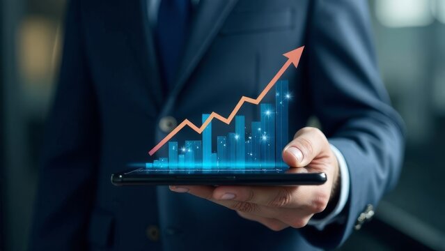 hands of a businessman at a computer tablet above which the columns of the quote graph rise, an arrow rises above the columns