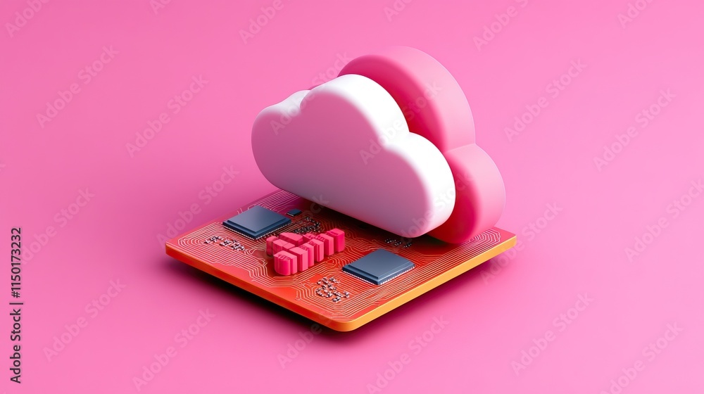 Poster a stylized cloud icon rests on a colorful circuit board, symbolizing cloud computing and technology 