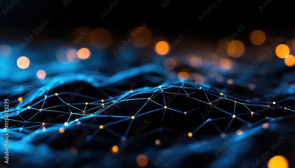 Poster a vibrant abstract representation of interconnected lines and glowing orbs, suggesting a digital lan