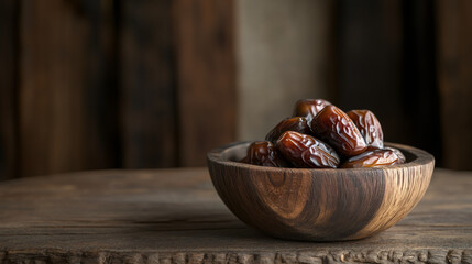 Medjool dates presented in a wooden bowl on a rustic table, setting a cozy and welcoming ambiance for ramadan