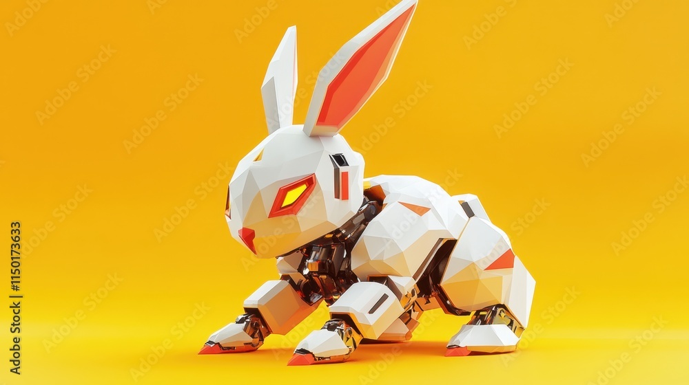 Poster a robot rabbit designed in low-poly style, highlighted with sharp edges and smooth surfaces, set aga