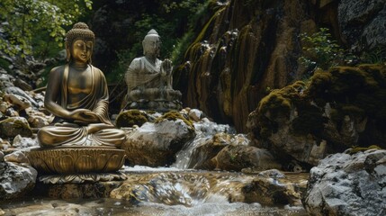 Bhumispara mudra, Buddha Gautama at the moment of enlightenment, statue in a mountain stream, Oytal Valley, Allgaeu, Bavaria, Germany, PublicGround