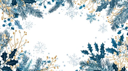 Elegant Blue and Gold Christmas Border Frame with Holly, Pine, and Snowflakes for Holiday Greetings and Festive Decorations