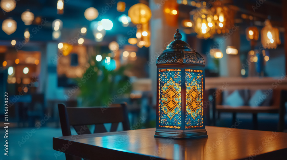 Poster beautifully crafted lantern casting a warm glow on a table, adding to the enchanting ambiance of a r