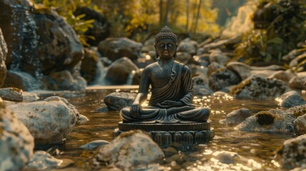 Bhumispara mudra, Buddha Gautama at the moment of enlightenment, statue in a mountain stream, Oytal Valley, Allgaeu, Bavaria, Germany, PublicGround