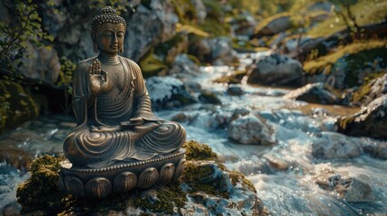 Fototapeta premium Bhumispara mudra, Buddha Gautama at the moment of enlightenment, statue in a mountain stream, Oytal Valley, Allgaeu, Bavaria, Germany, PublicGround