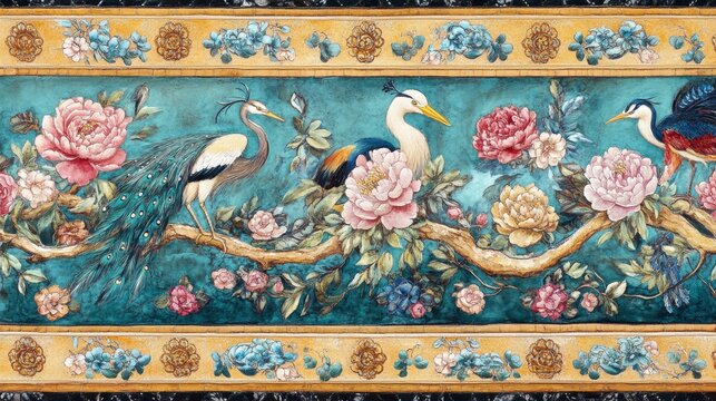 Border in chinoiserie style with herons, peacock and peonies