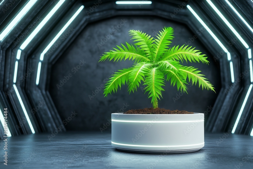 Poster a conceptual display of a genetically modified plant with glowing leaves, set in a biophilic design 