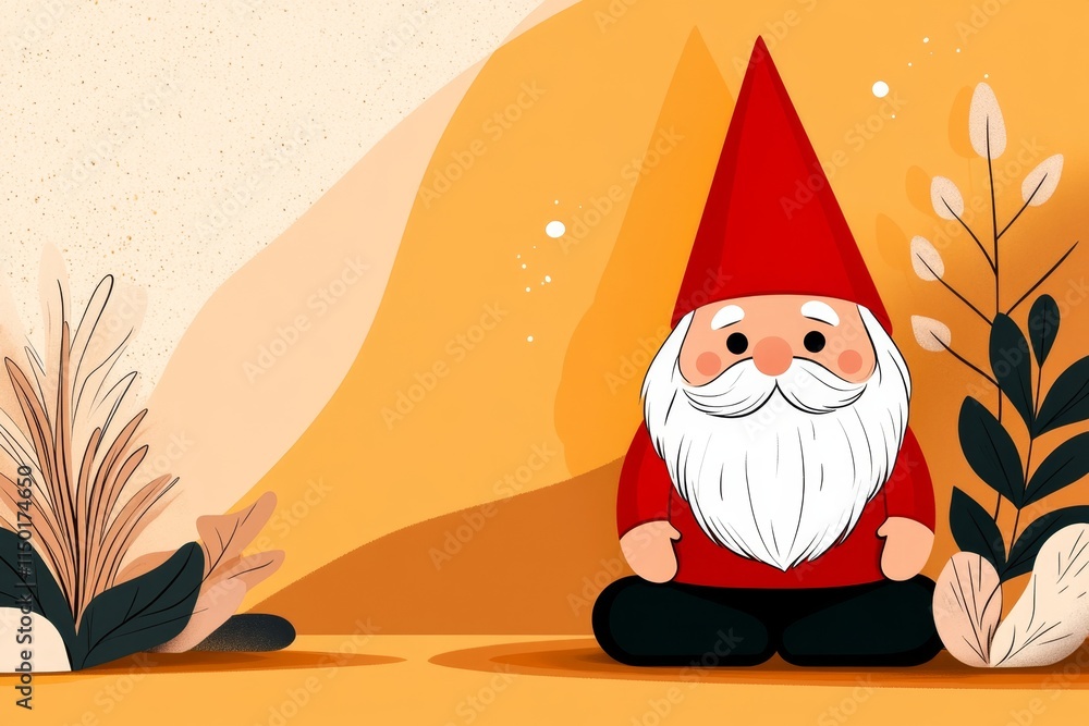 Poster a conceptual flat design of a gnome peeking out from behind a plant, with clean lines and a playful 