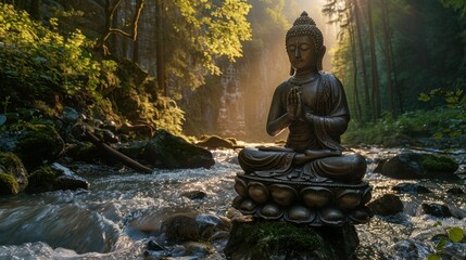 Bhumispara mudra, Buddha Gautama at the moment of enlightenment, statue in a mountain stream, Oytal Valley, Allgaeu, Bavaria, Germany, PublicGround
