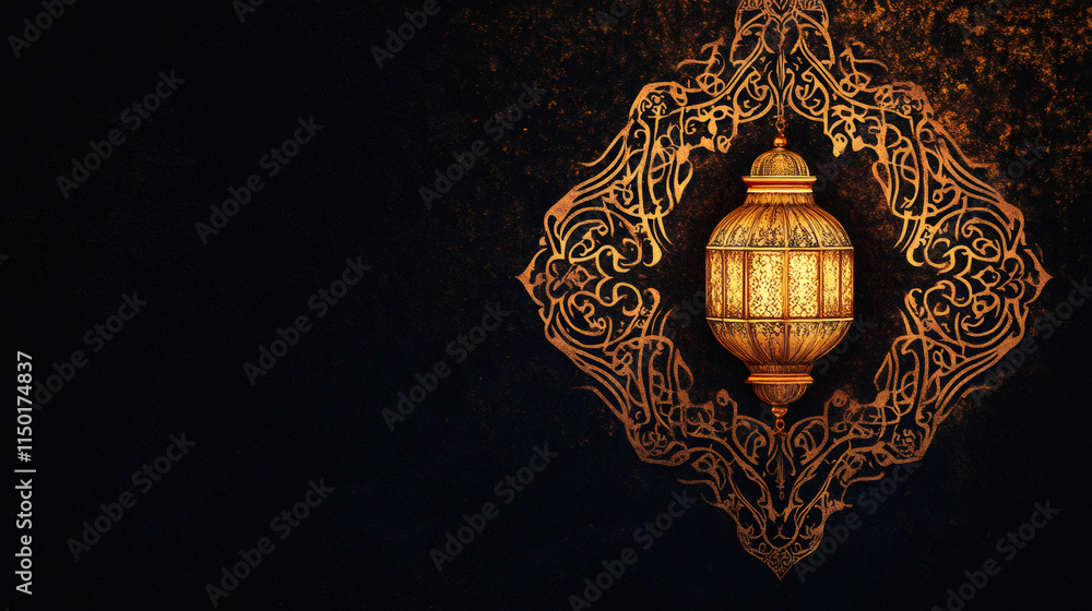 Poster elegant ramadan lantern adorned with detailed arabic calligraphy hanging against a rustic background