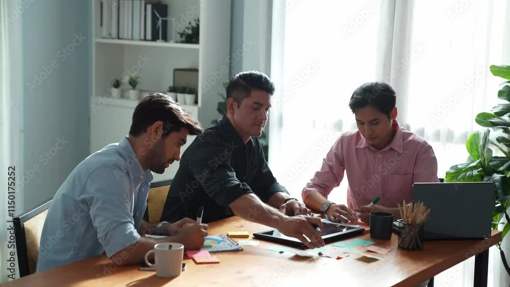 Poster group of diverse people sharing idea while writing at sticky notes. professional smart business team