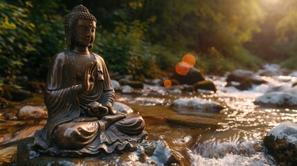 Bhumispara mudra, Buddha Gautama at the moment of enlightenment, statue in a mountain stream, Oytal Valley, Allgaeu, Bavaria, Germany, PublicGround