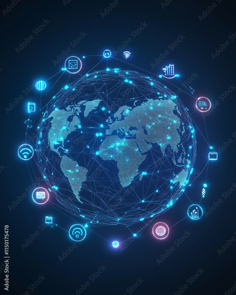Poster advanced digital network with virtual interfaces and data exchange, symbolizing global communication