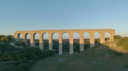 Ancient Stone Aqueduct at Sunset - Majestic aqueduct, historical landmark, sunset view, architectural marvel, ancient engineering.