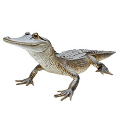 Angled view full body shot of an extremely perfect looking single Gharial animal isolated on a white transparent background