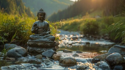 Bhumispara mudra, Buddha Gautama at the moment of enlightenment, statue in a mountain stream, Oytal Valley, Allgaeu, Bavaria, Germany, PublicGround