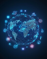 Obraz premium Advanced digital network with virtual interfaces and data exchange, symbolizing global communication and technology in a connected world, highly detailed and lifelike