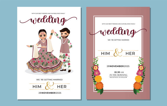  Wedding invitation card the bride and groom cute couple in traditional indian dress cartoon character