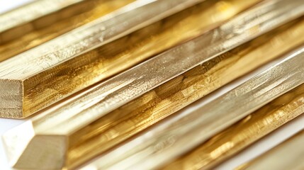 A close-up of gold bars on white background, showcasing their clean lines and sharp edges,