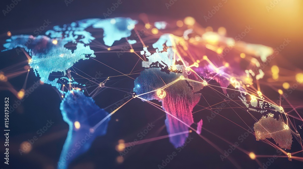 Poster low polygon hand working global structure networking and data exchanges customer connection with new