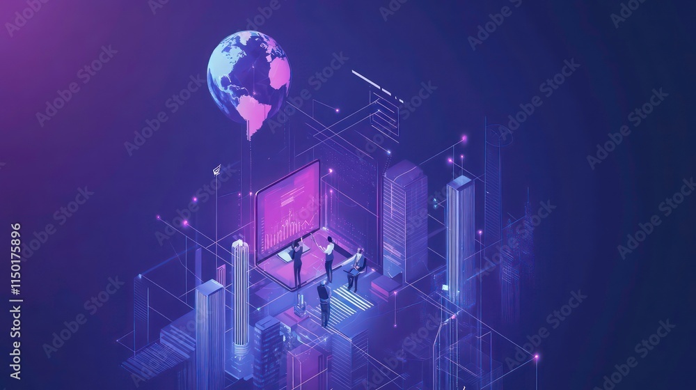 Poster global business team analyzing data on laptop with futuristic isometric design.
