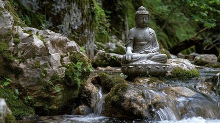 Bhumispara mudra, Buddha Gautama at the moment of enlightenment, statue in a mountain stream, Oytal Valley, Allgaeu, Bavaria, Germany, PublicGround