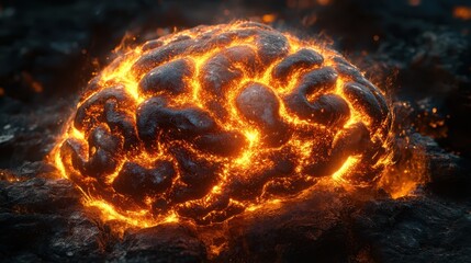 Glowing Lava Brain on Volcanic Rock Surface Illuminating the Dark with Fiery Intensity and Surreal Artistic Expression