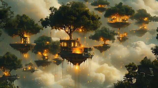 Fantasy floating islands with trees, houses, and lights in dreamy clouds.