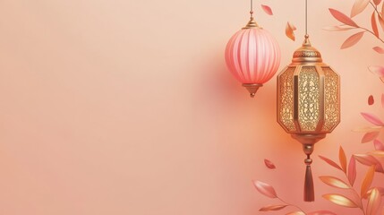 Celebration of islamic eid mubarak and eid al adha lantern in a light background, with copy space