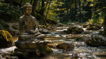 Bhumispara mudra, Buddha Gautama at the moment of enlightenment, statue in a mountain stream, Oytal Valley, Allgaeu, Bavaria, Germany, PublicGround