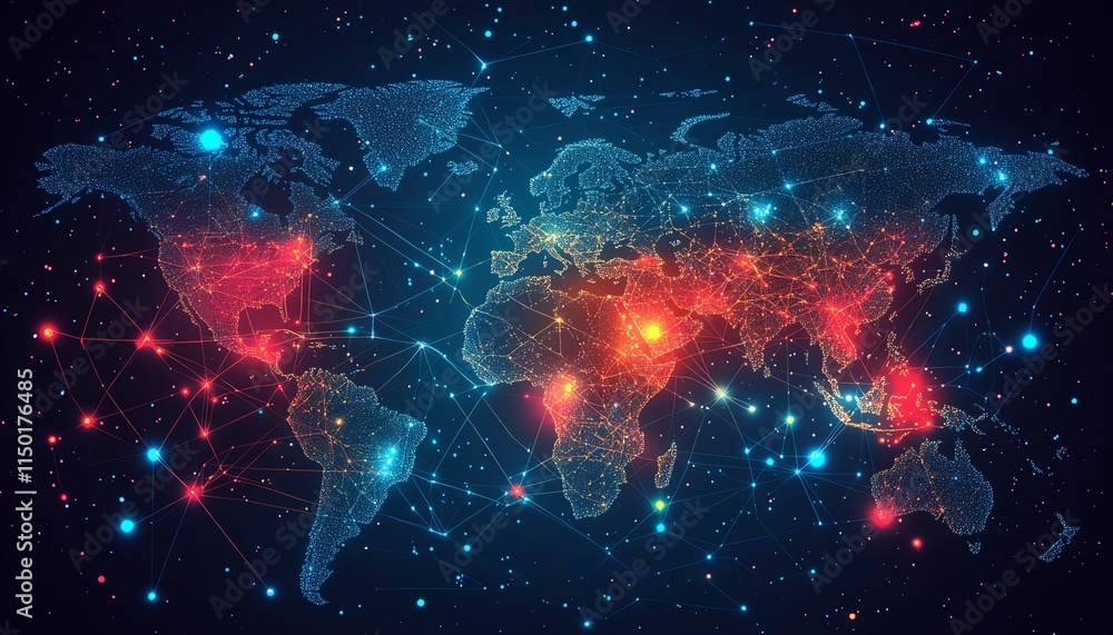 Poster digital communication network with various virtual interfaces, seamless data exchange, illustrating 