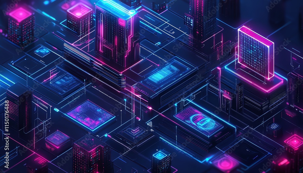 Poster digital communication network with various virtual interfaces, seamless data exchange, illustrating 