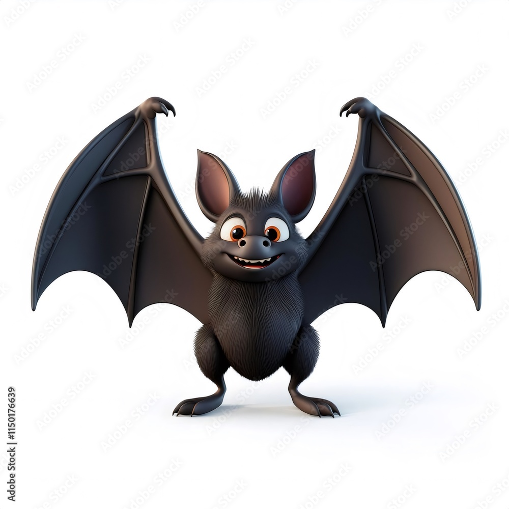 Poster 3d rendering of a funny cartoon bat spreading its wings, isolated on a white background with full de