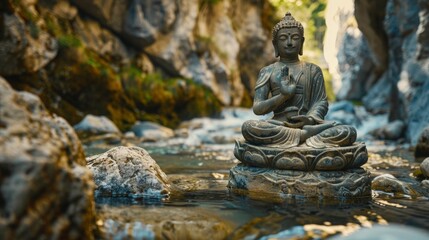Bhumispara mudra, Buddha Gautama at the moment of enlightenment, statue in a mountain stream, Oytal Valley, Allgaeu, Bavaria, Germany, PublicGround