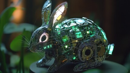 A robotic rabbit crafted from nano components, with glowing features and a complex design, creating a blend of nature and technology.