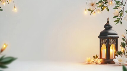 Celebration of islamic eid mubarak and eid al adha lantern in a light background, with copy space