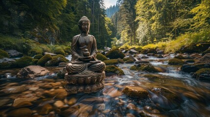 Bhumispara mudra, Buddha Gautama at the moment of enlightenment, statue in a mountain stream, Oytal Valley, Allgaeu, Bavaria, Germany, PublicGround