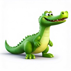 Fototapeta premium Cheerful cartoon crocodile standing, grinning widely on clean white backdrop, embodying playful character with vibrant green coloration