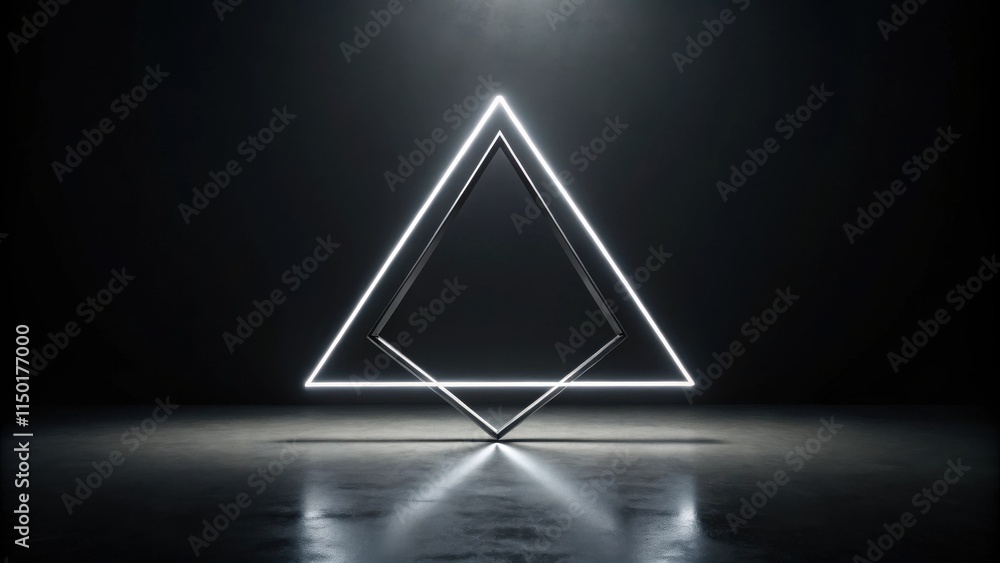 Poster illuminated triangular frame in dark room with reflective surface