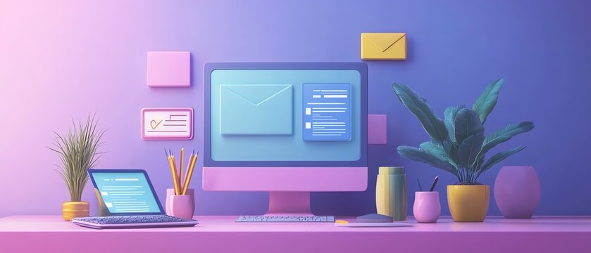 Digital marketing concept with computer, email, content creation icons, and online strategies, lifelike and professional design showcasing modern marketing techniques