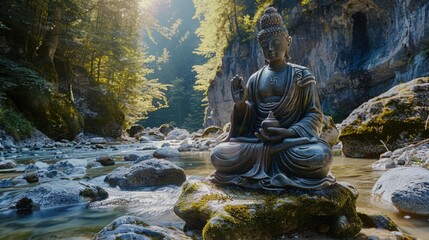 Fototapeta premium Bhumispara mudra, Buddha Gautama at the moment of enlightenment, statue in a mountain stream, Oytal Valley, Allgaeu, Bavaria, Germany, PublicGround