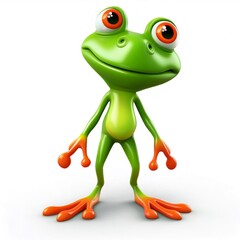 Fototapeta premium Green cartoon frog with big eyes and orange feet standing and smiling on white background
