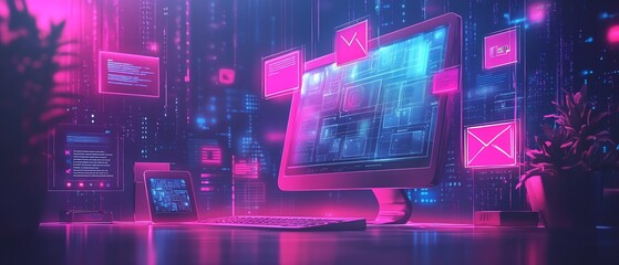 Digital marketing concept with computer and icons representing email, content creation, and online marketing strategies, vibrant and detailed scene