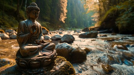 Bhumispara mudra, Buddha Gautama at the moment of enlightenment, statue in a mountain stream, Oytal Valley, Allgaeu, Bavaria, Germany, PublicGround
