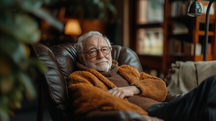 Fototapeta premium Elderly man relaxing in a cozy living room.