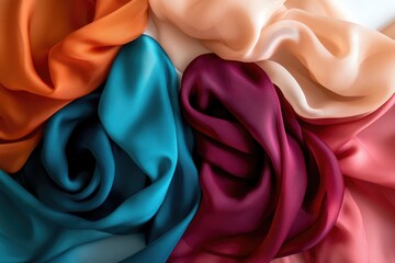 Obraz premium Draped fabrics in teal, orange, burgundy, and peach showcasing luxurious textures and rich colors.