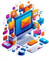 Obraz premium Digital marketing tools with computer, email, content creation, and marketing icons, showcasing various online strategies, vibrant and realistic design