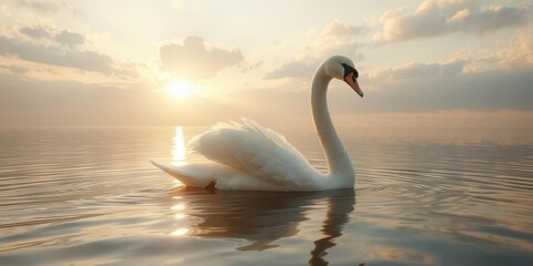 Fototapeta premium Elegant swan afloat, sunrise golden light reflects on water, sunrise, calm