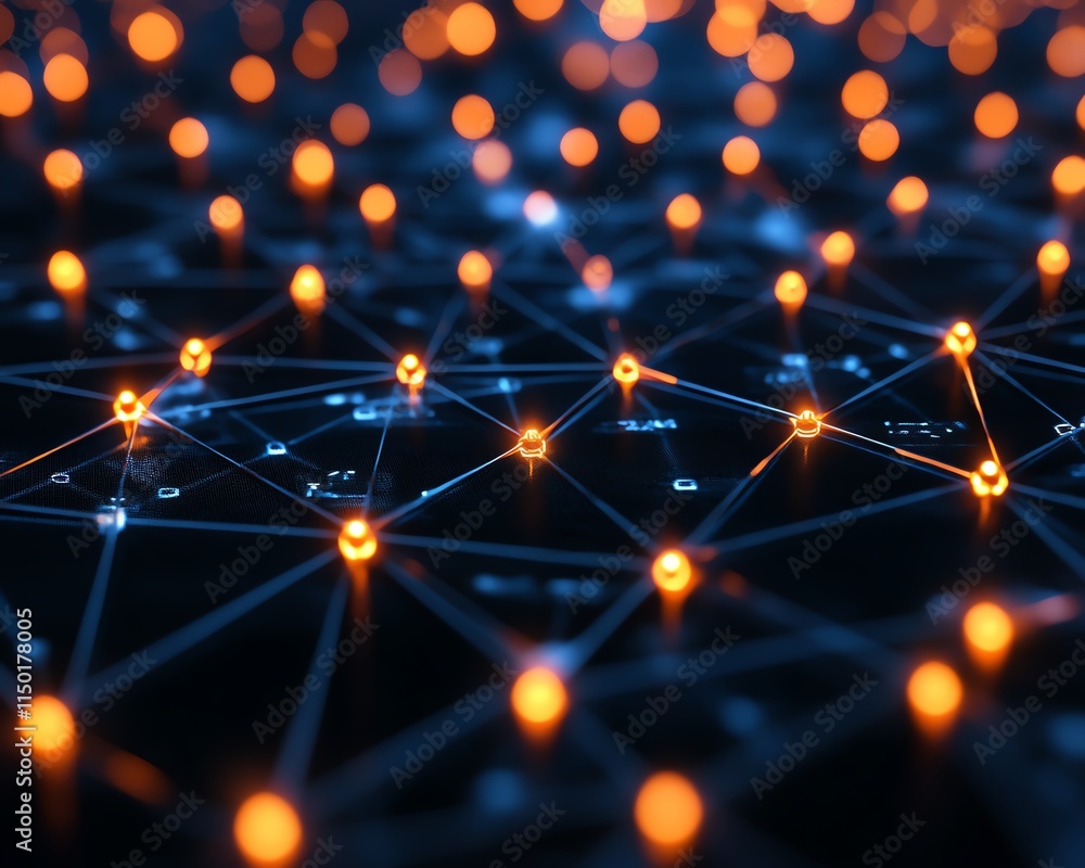 Poster digital network with various virtual interfaces and data exchange, representing technology and commu